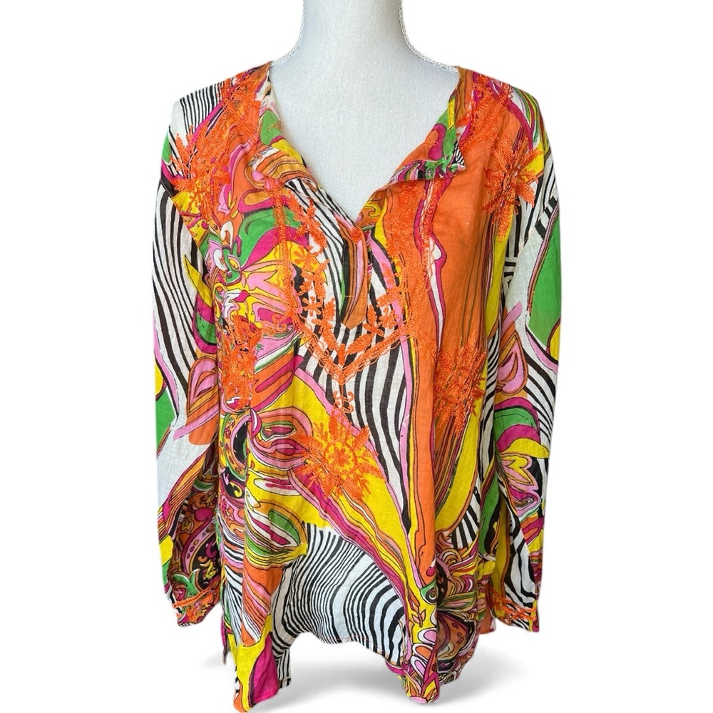 Baba Clothing Orange Multicolor long sleeve tunic top blouse boho hippie resort
